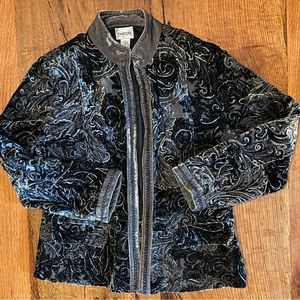 Chico’s Velvet, Open Front, Lined Black Blazer w/ Exquisite Pattern, Sz Small